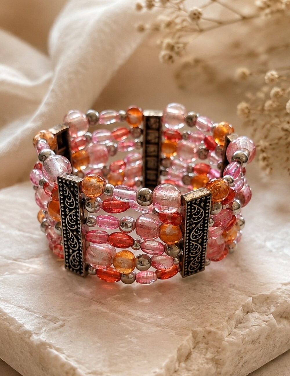 Pink Amber Multi Strand Beaded Stretch Cuff Bracelet Boho Statement